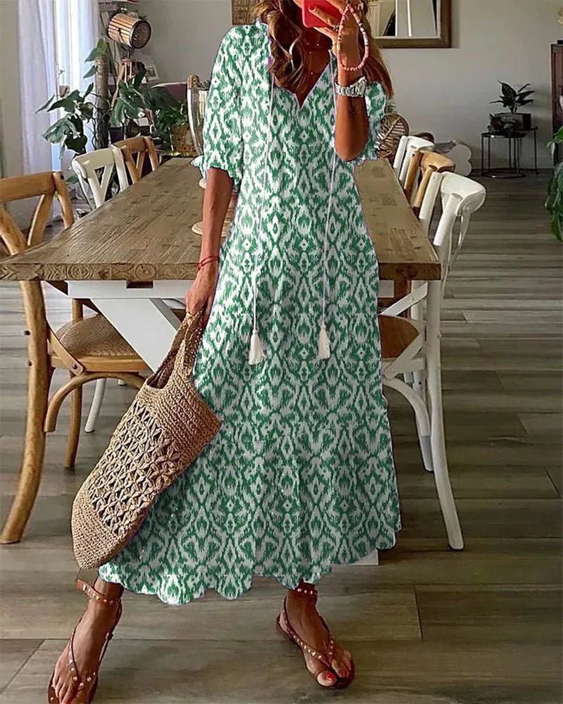 Delia™ | V-Neck Geometric Print Boho Dress