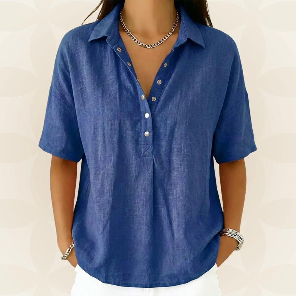 Nina™ | Button Front V-Neck Short Sleeve Blouse