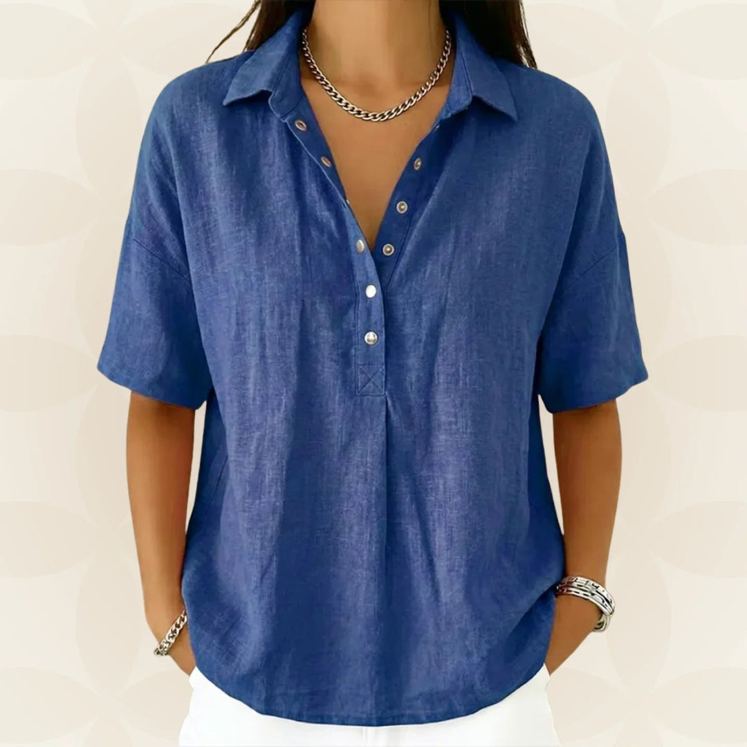 Nina™ | Button Front V-Neck Short Sleeve Blouse