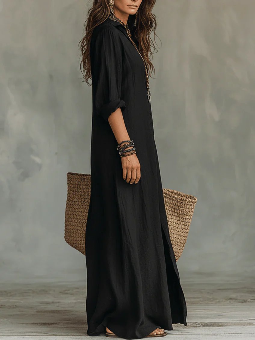 Maya™ | V-Neck Button Front Relaxed Maxi Dress