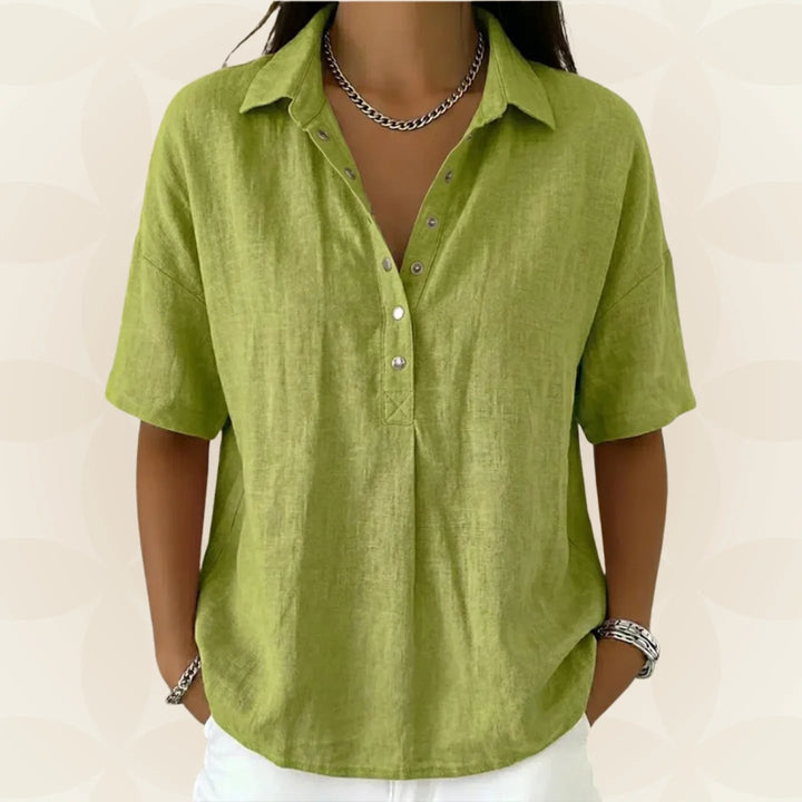 Nina™ | Button Front V-Neck Short Sleeve Blouse