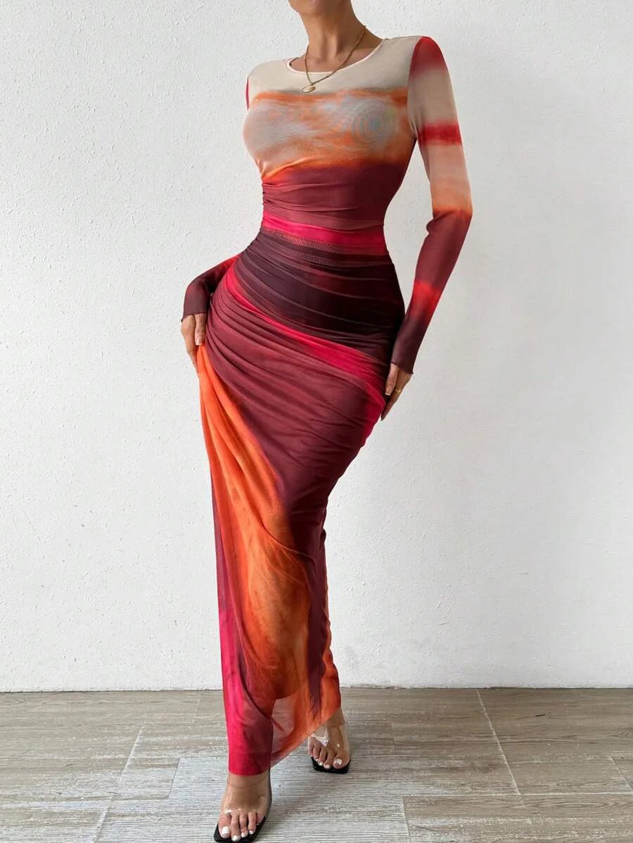 Luna™ | Bodycon Round Neck Long Sleeve Maxi Dress