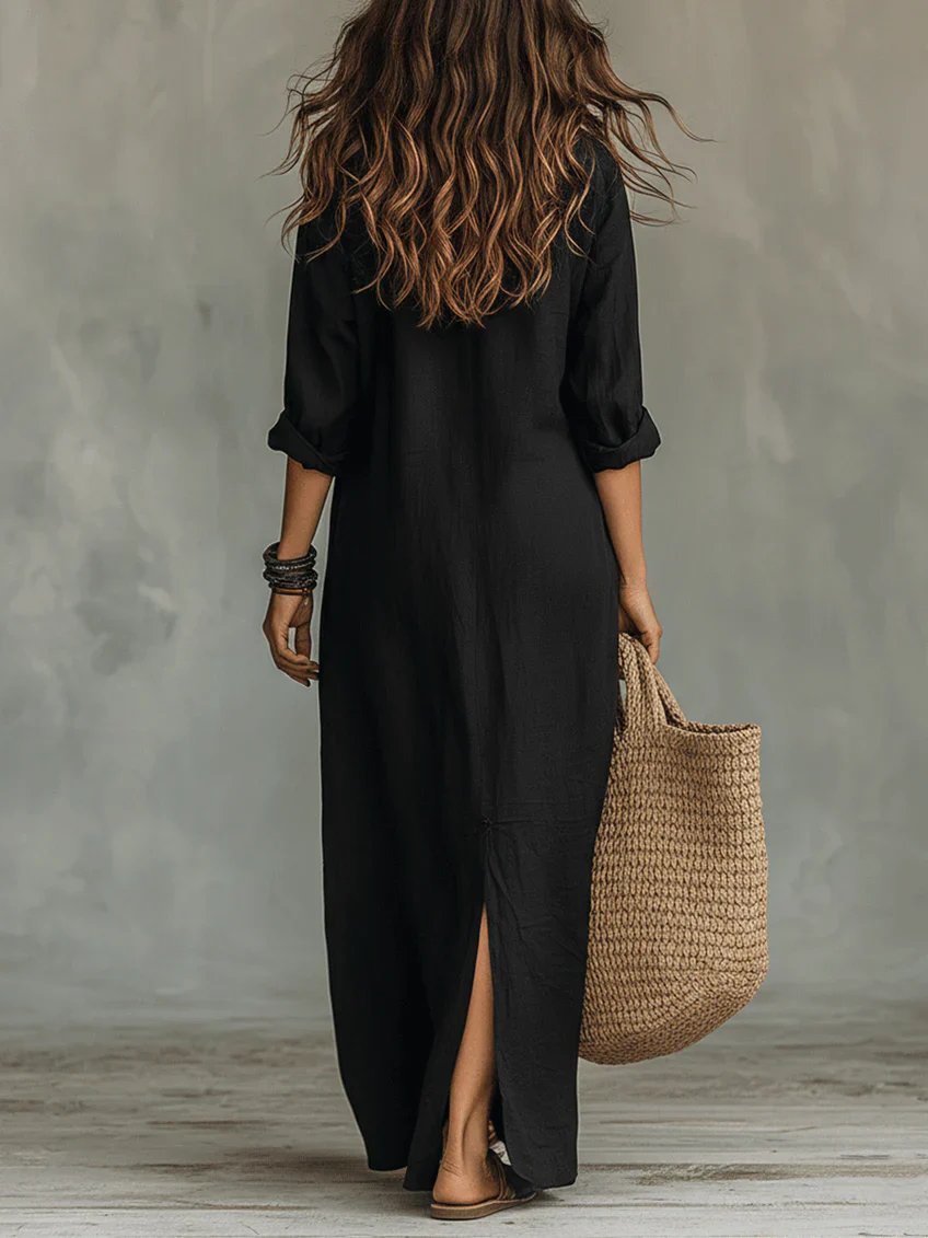 Maya™ | V-Neck Button Front Relaxed Maxi Dress
