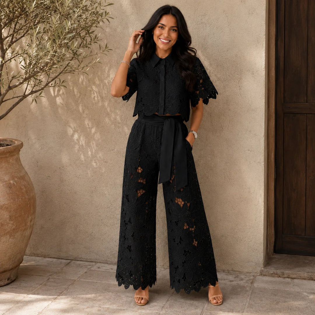 Cecilia™ | Lace Overlay Cropped Top and Wide-Leg Pants Set