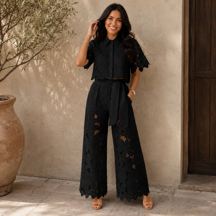 Cecilia™ | Lace Overlay Cropped Top and Wide-Leg Pants Set