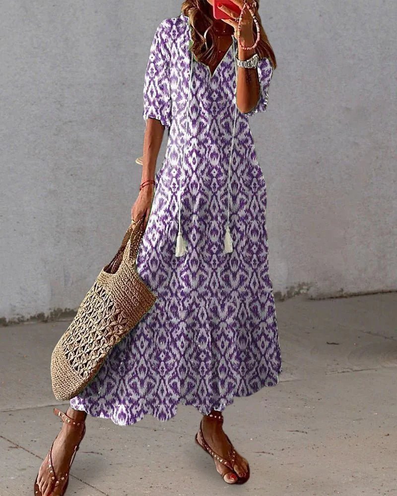 Delia™ | V-Neck Geometric Print Boho Dress