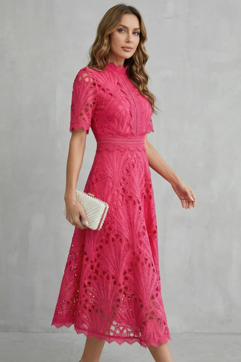 Ria™ | Intricate Lace High Neck Midi Dress