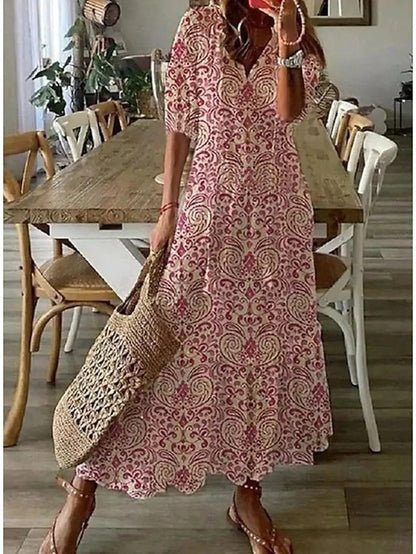 Delia™ | V-Neck Geometric Print Boho Dress