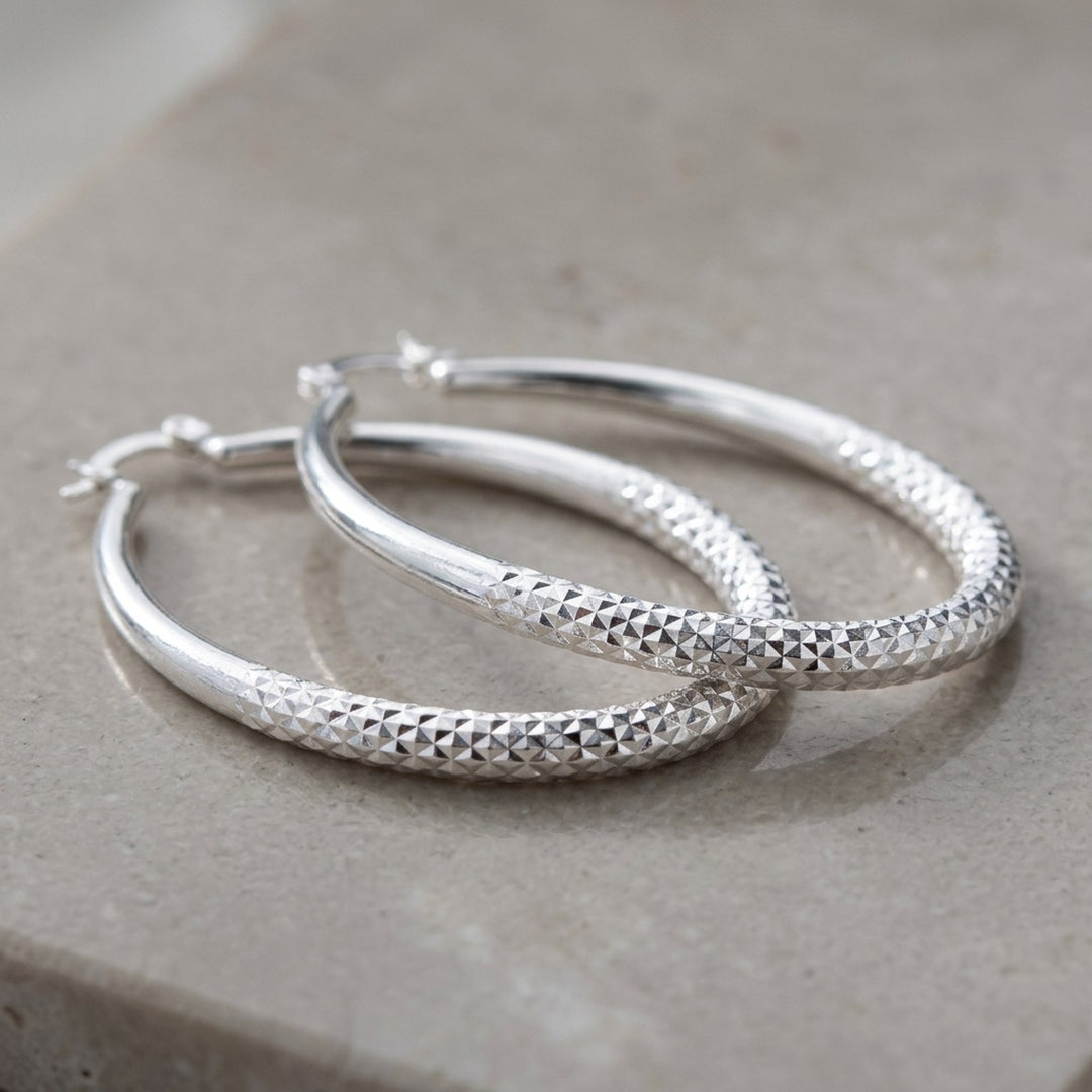 Kate™ | Silver Textured Hoop Earrings