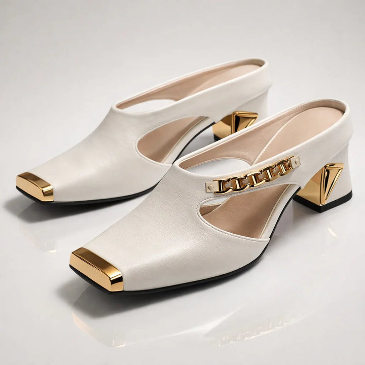 Diana™ | Gilded Square Toe Block Heel Mules