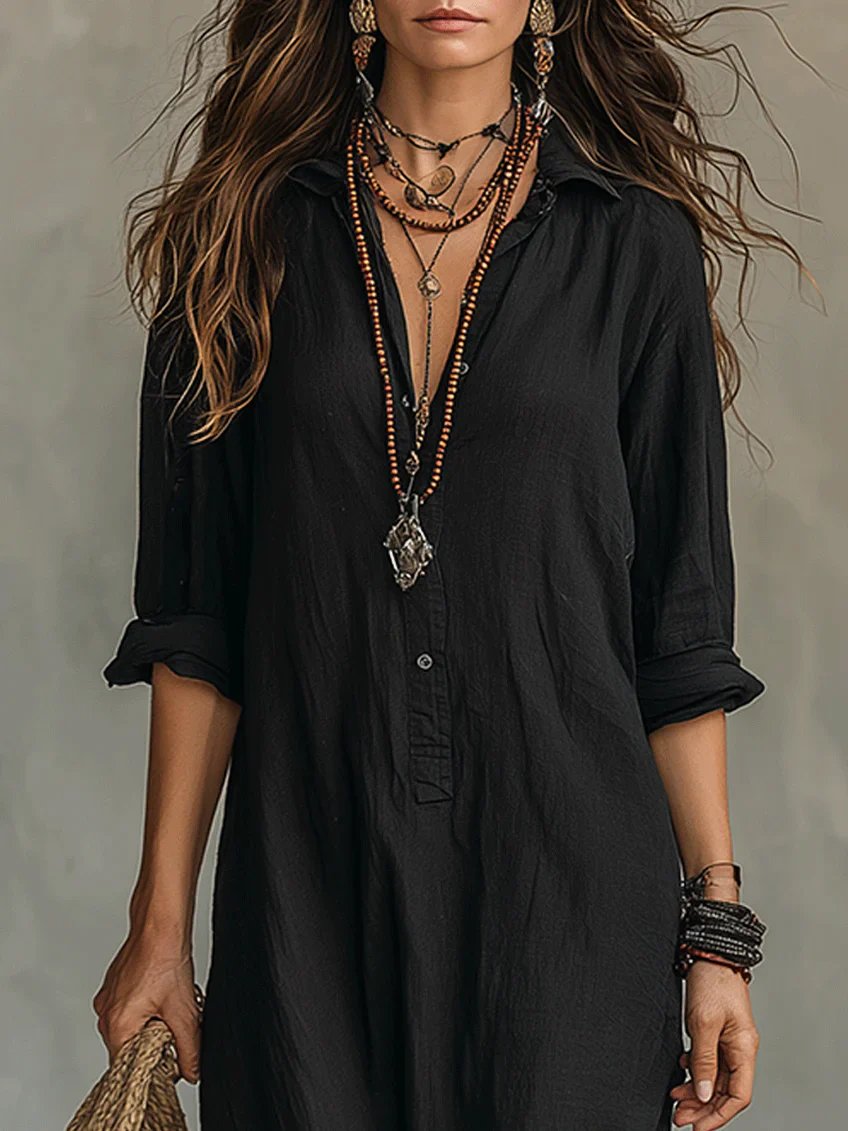 Maya™ | V-Neck Button Front Relaxed Maxi Dress