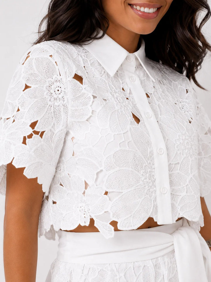 Cecilia™ | Lace Overlay Cropped Top and Wide-Leg Pants Set