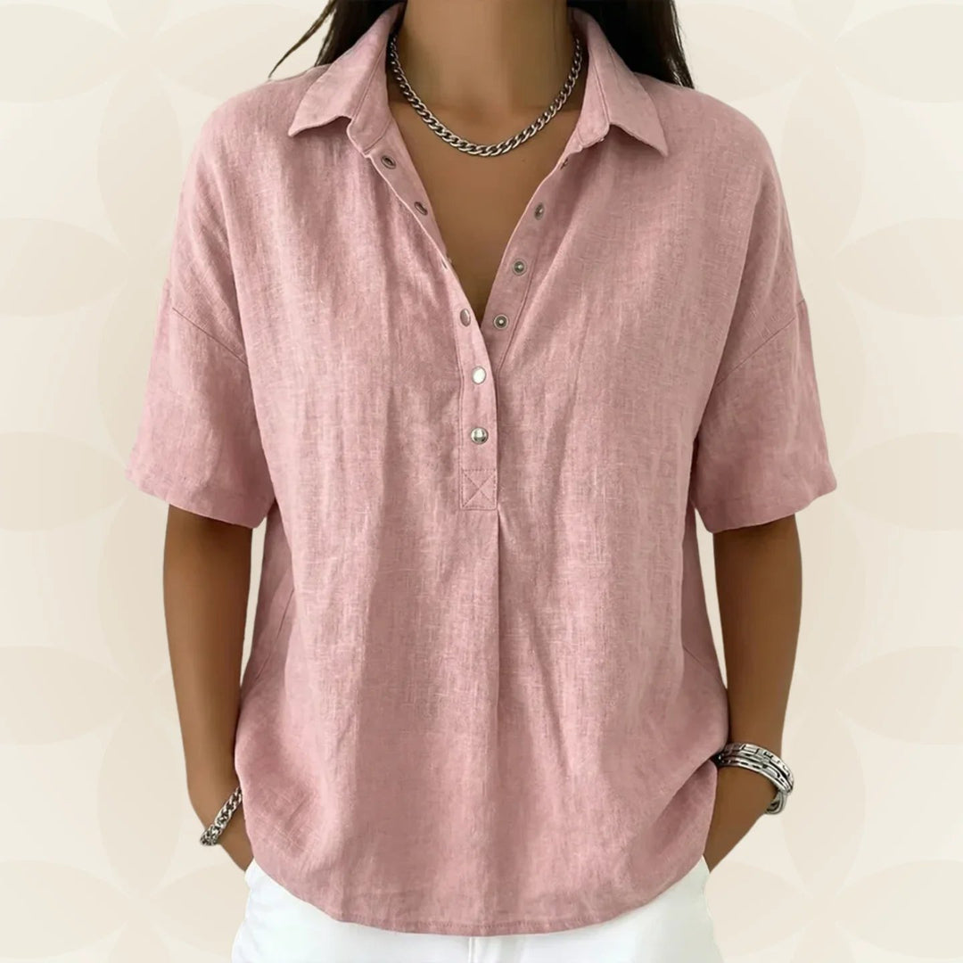 Nina™ | Button Front V-Neck Short Sleeve Blouse