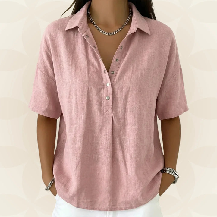 Nina™ | Button Front V-Neck Short Sleeve Blouse