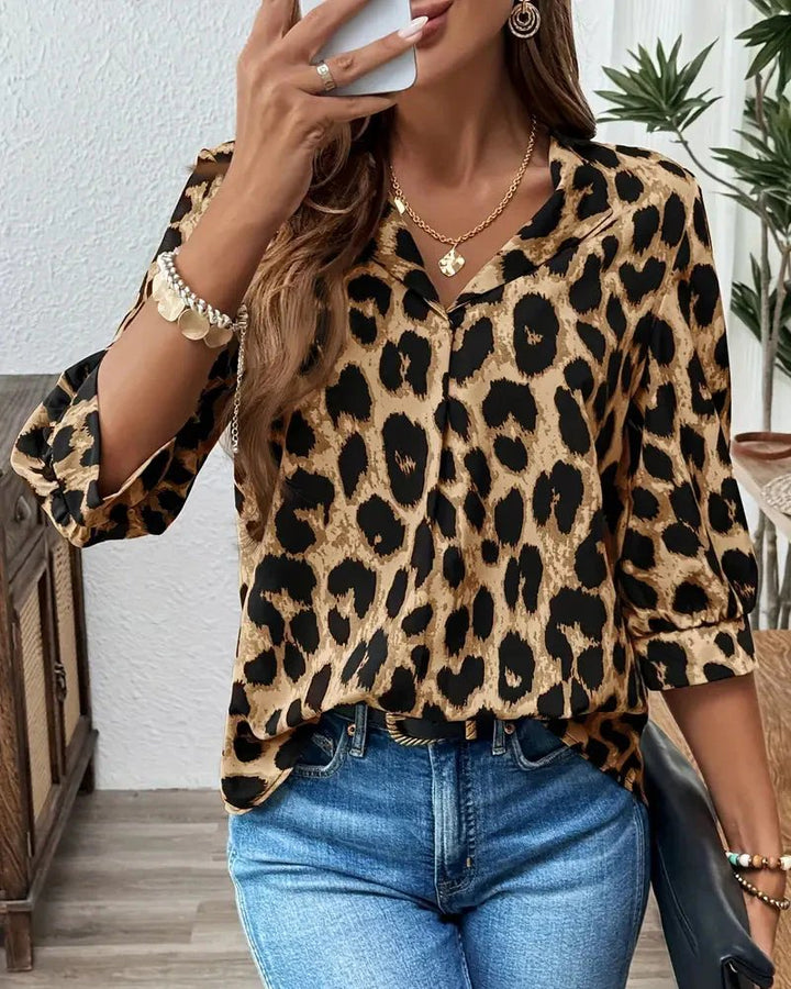 Julia™ | Leopard Print 3/4 Sleeve Lapel Blouse