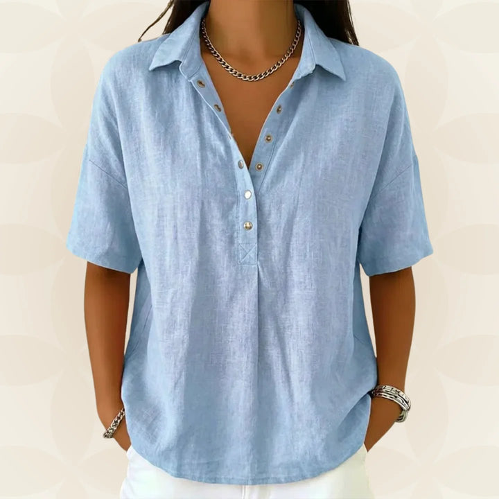 Nina™ | Button Front V-Neck Short Sleeve Blouse