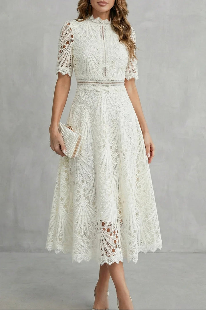 Ria™ | Intricate Lace High Neck Midi Dress