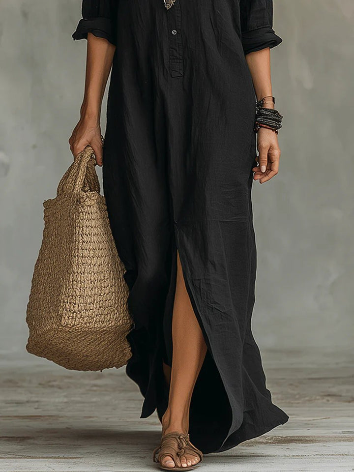 Maya™ | V-Neck Button Front Relaxed Maxi Dress