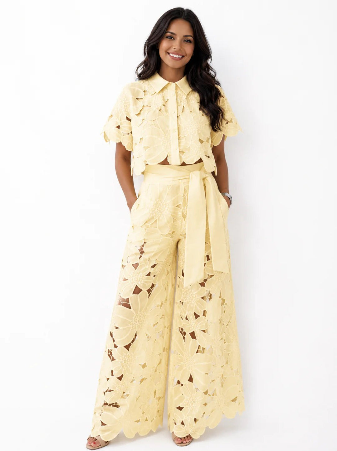 Cecilia™ | Lace Overlay Cropped Top and Wide-Leg Pants Set