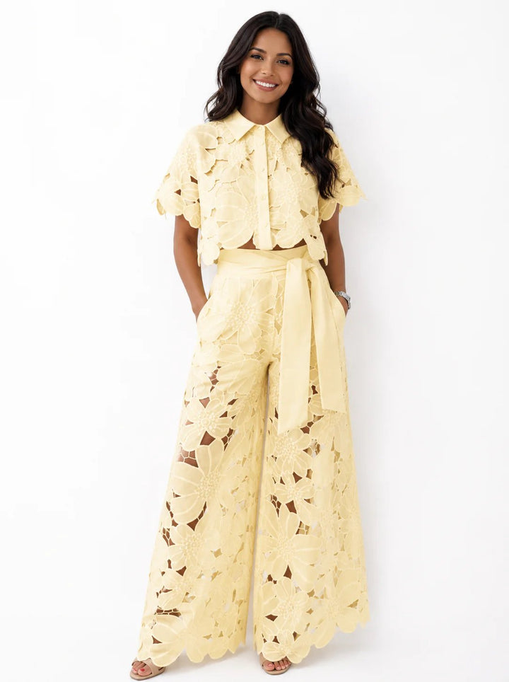 Cecilia™ | Lace Overlay Cropped Top and Wide-Leg Pants Set