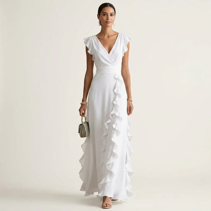 Victoria™ | Wrap V-Neck Flutter Sleeve Ruffle Maxi Dress