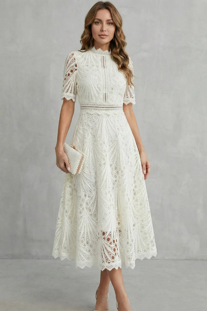 Ria™ | Intricate Lace High Neck Midi Dress