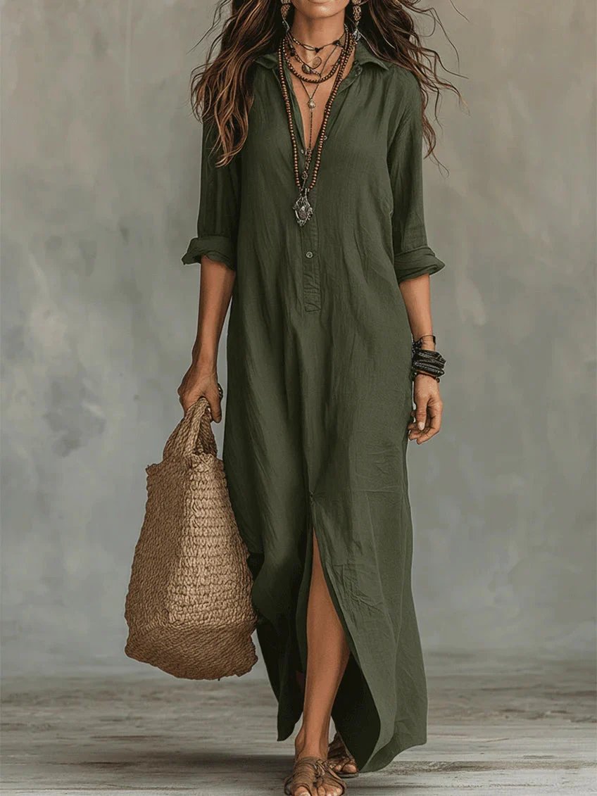 Maya™ | V-Neck Button Front Relaxed Maxi Dress