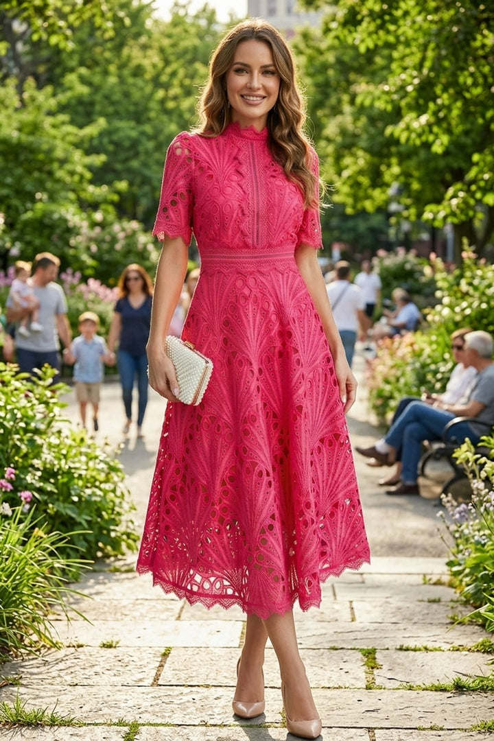 Ria™ | Intricate Lace High Neck Midi Dress