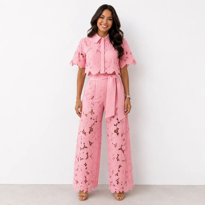 Cecilia™ | Lace Overlay Cropped Top and Wide-Leg Pants Set