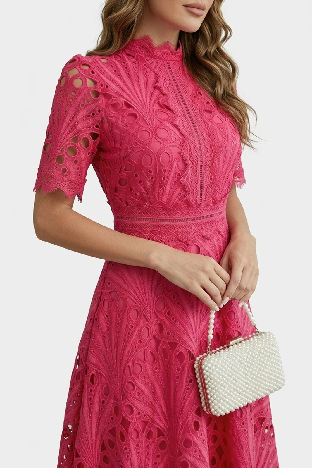 Ria™ | Intricate Lace High Neck Midi Dress