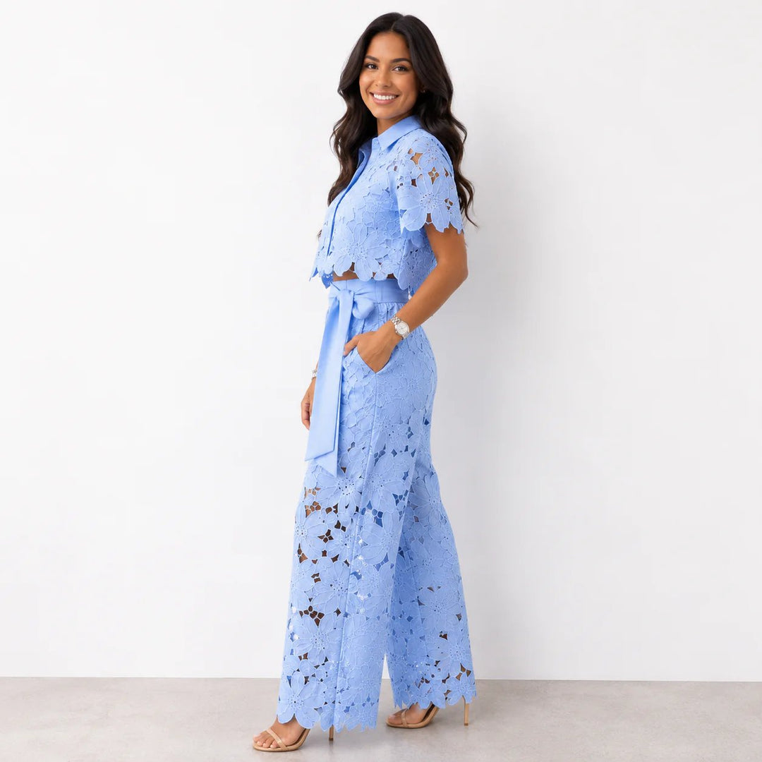 Cecilia™ | Lace Overlay Cropped Top and Wide-Leg Pants Set