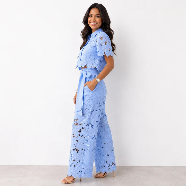 Cecilia™ | Lace Overlay Cropped Top and Wide-Leg Pants Set
