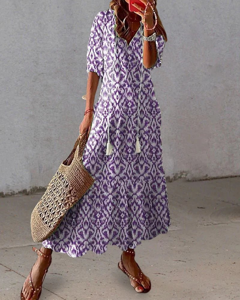 Delia™ | V-Neck Geometric Print Boho Dress